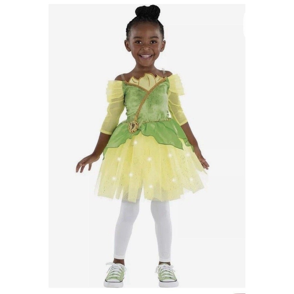 Disney Tiana Princess Dress Green Yellow Tulle Skirt Toddler Girl 3-4 Lights Up